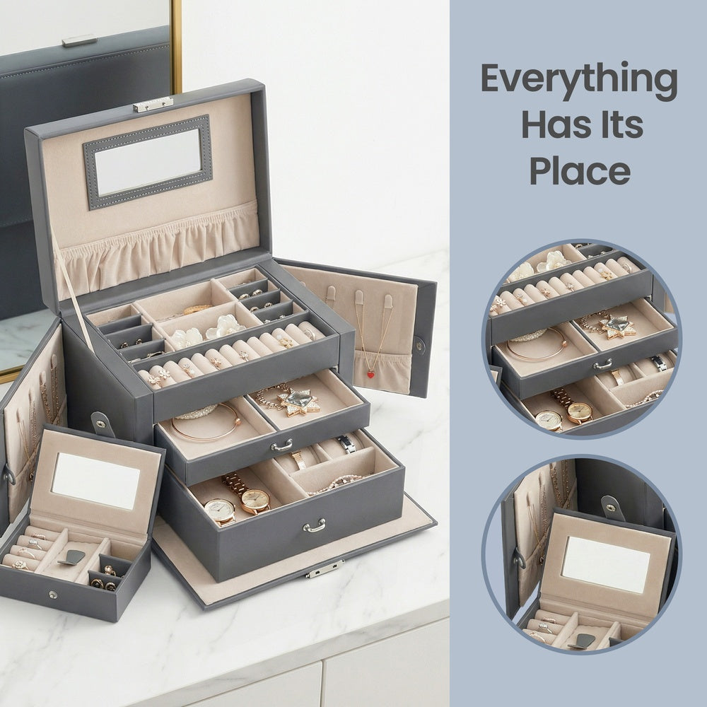 Jewellery Storage Case - 3 Layers - PU - Lockable with Handle