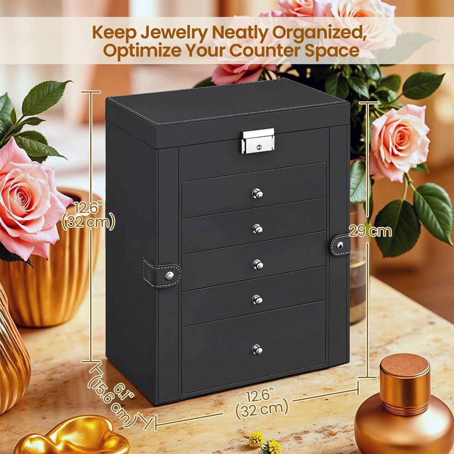 Jewelry Box - Wood - Black - 6 Tiers
