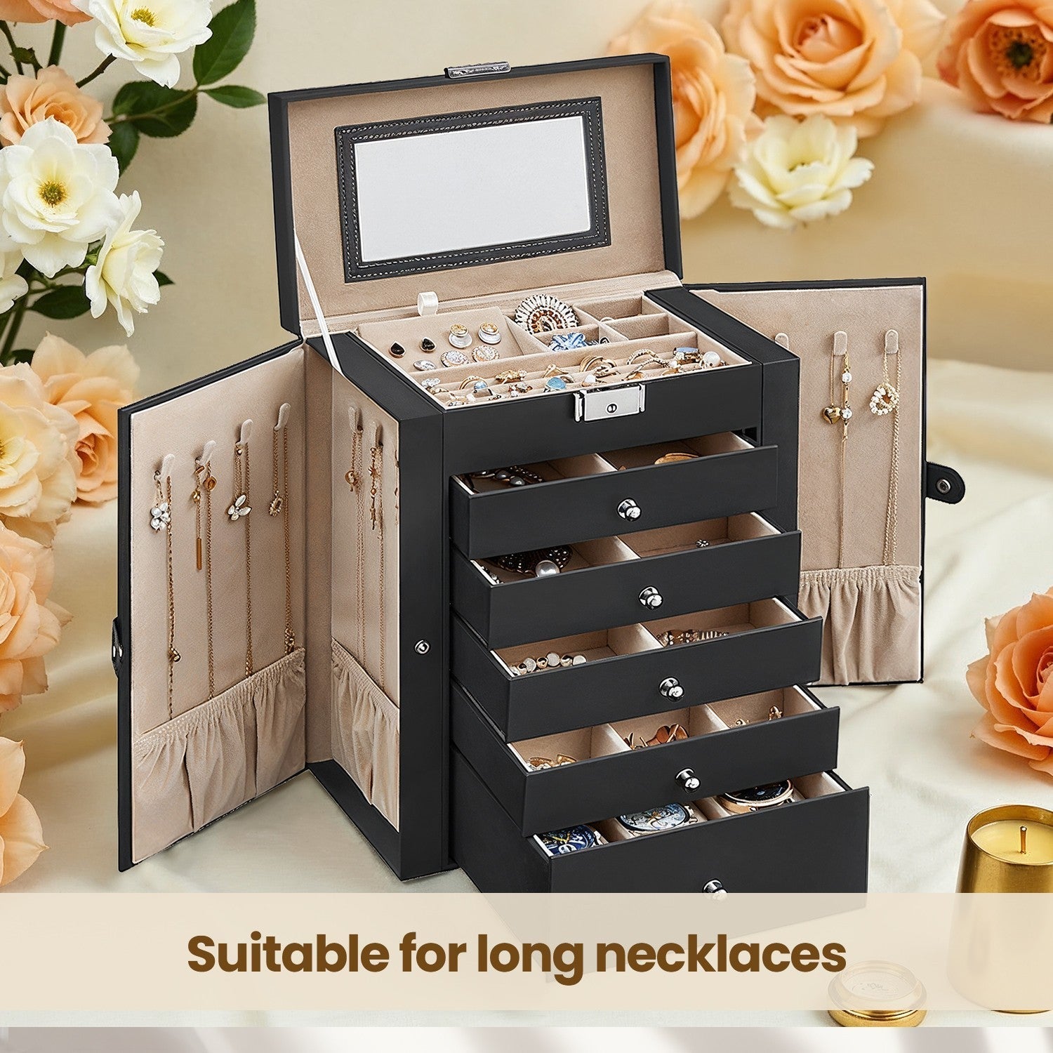 Jewelry Box - Wood - Black - 6 Tiers