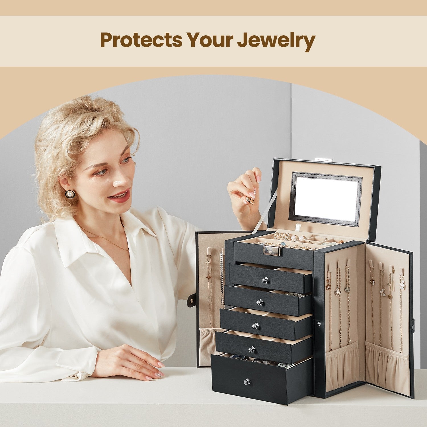Jewelry Box - Wood - Black - 6 Tiers