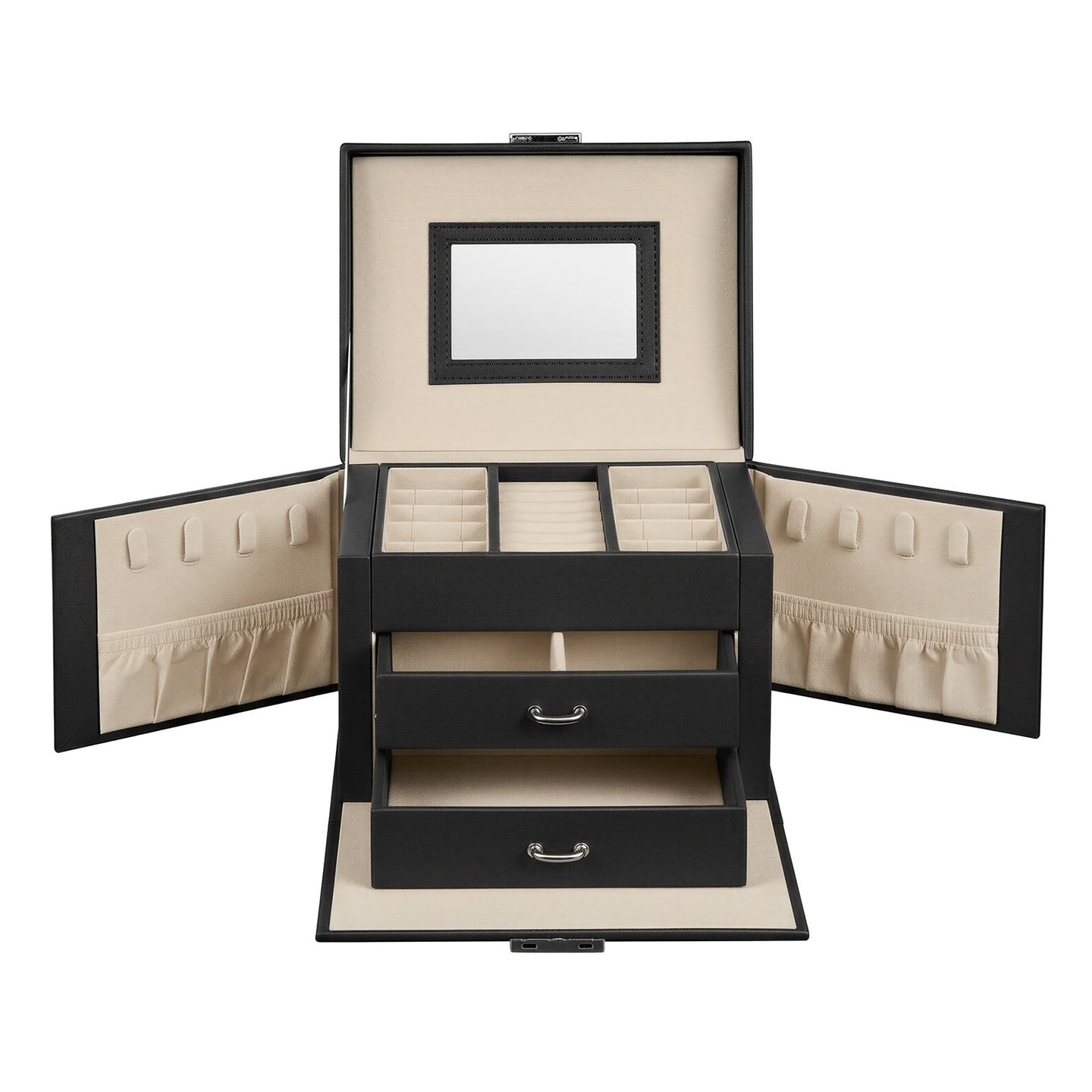 Travel Jewellery Storage Case - MDF and PU - Black - with Mirror
