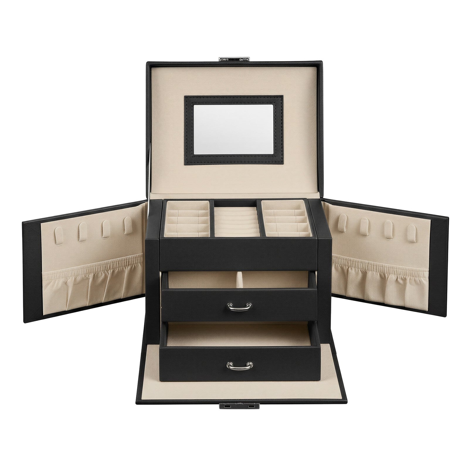 Travel Jewellery Storage Case - MDF and PU - Black - with Mirror