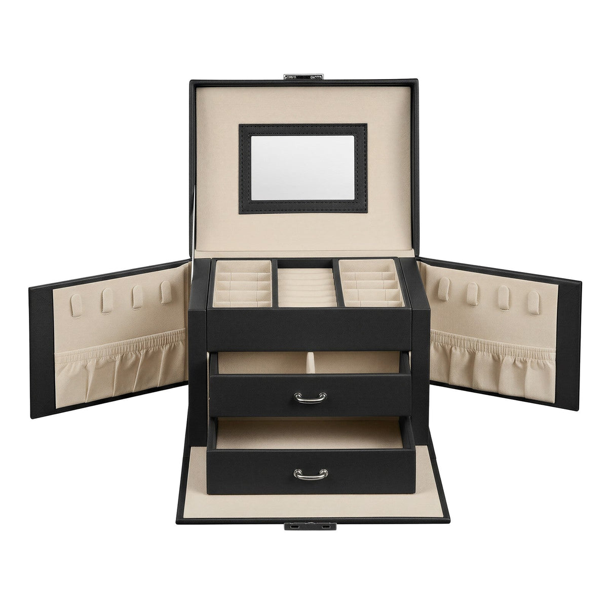 Travel Jewellery Storage Case - MDF and PU - Black - with Mirror