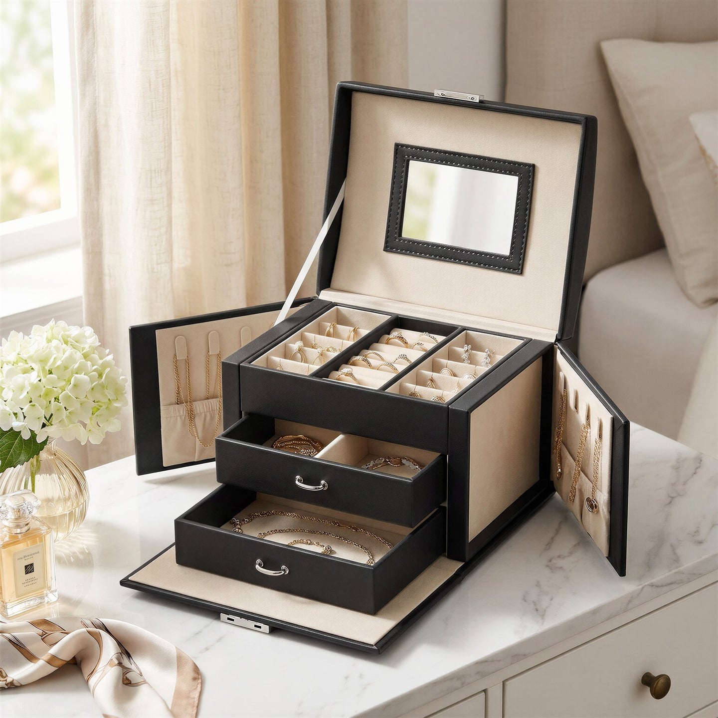 Travel Jewellery Storage Case - MDF and PU - Black - with Mirror