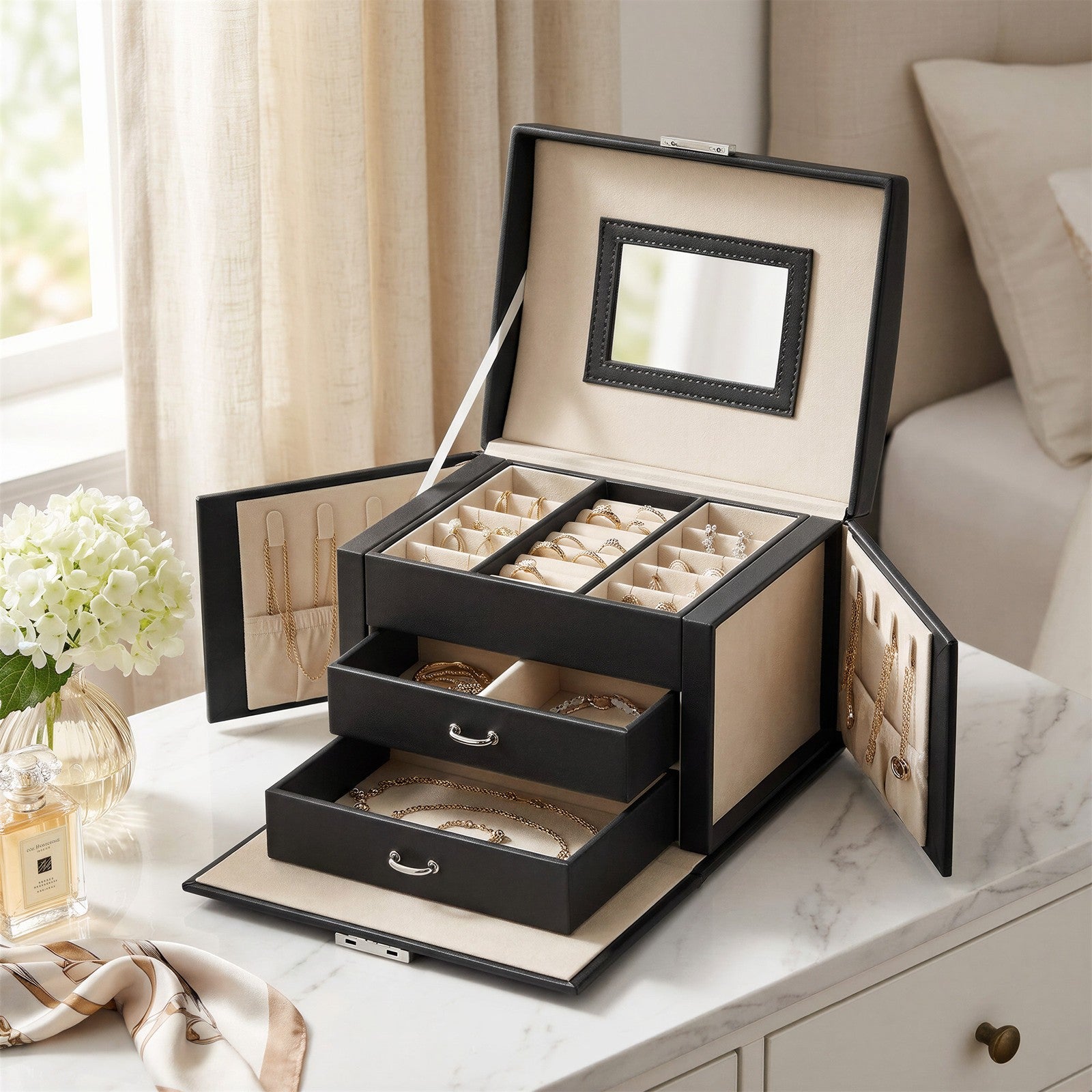 Travel Jewellery Storage Case - MDF and PU - Black - with Mirror