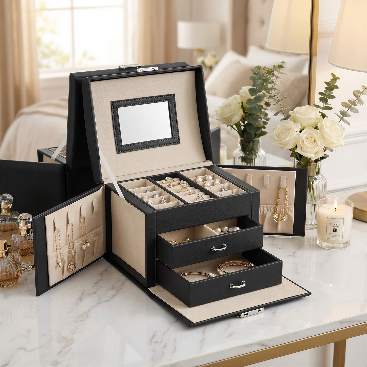 Travel Jewellery Storage Case - MDF and PU - Black - with Mirror