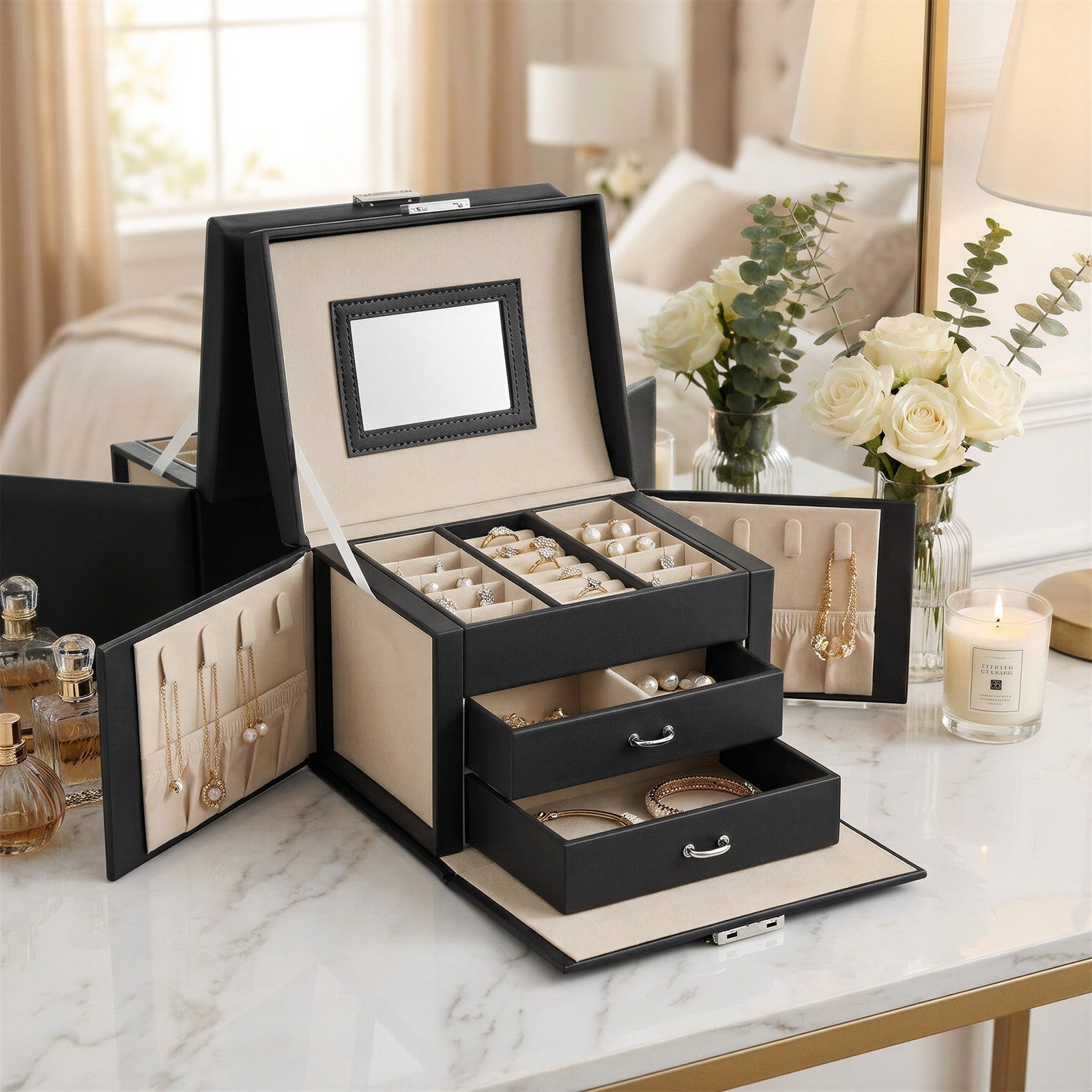 Travel Jewellery Storage Case - MDF and PU - Black - with Mirror