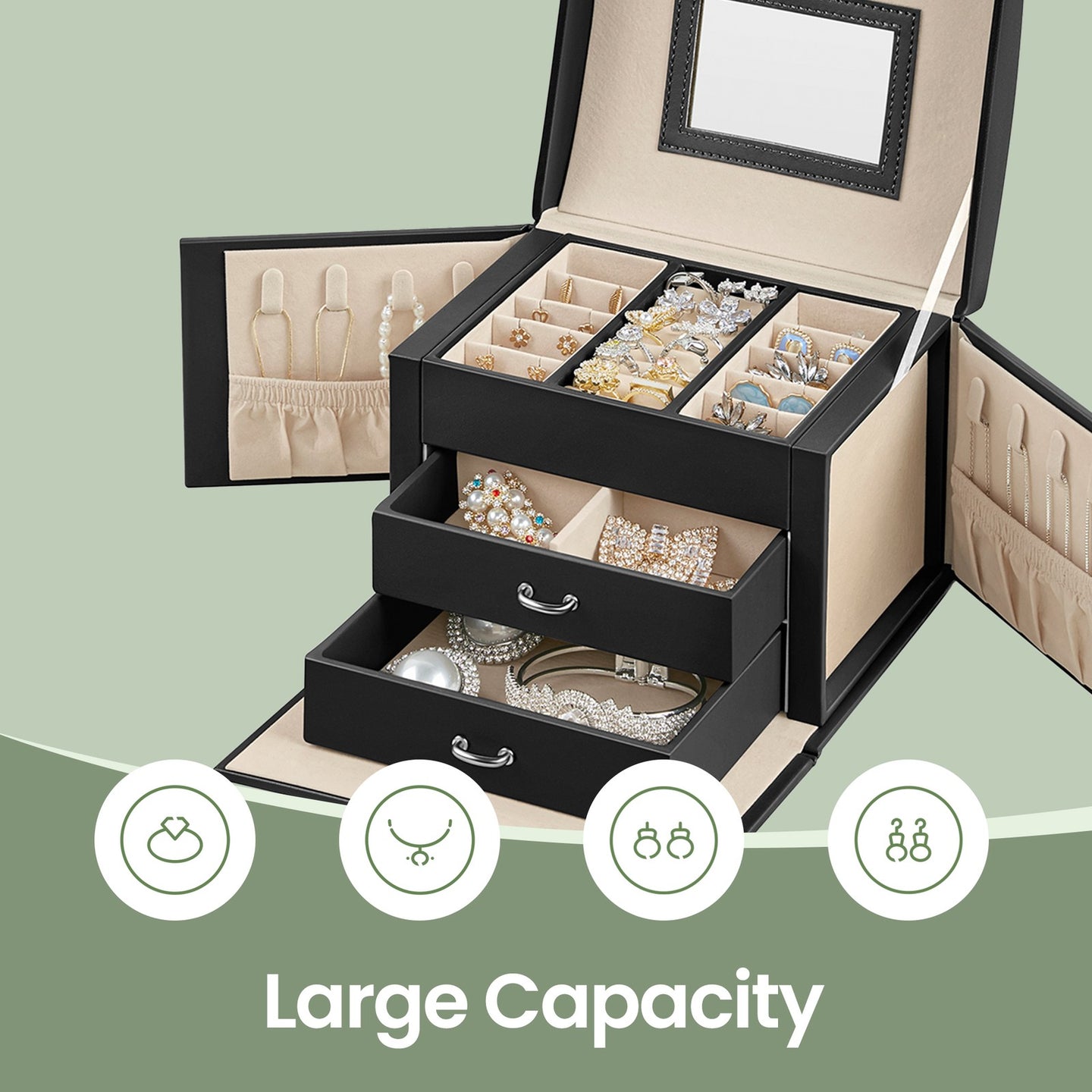 Travel Jewellery Storage Case - MDF and PU - Black - with Mirror