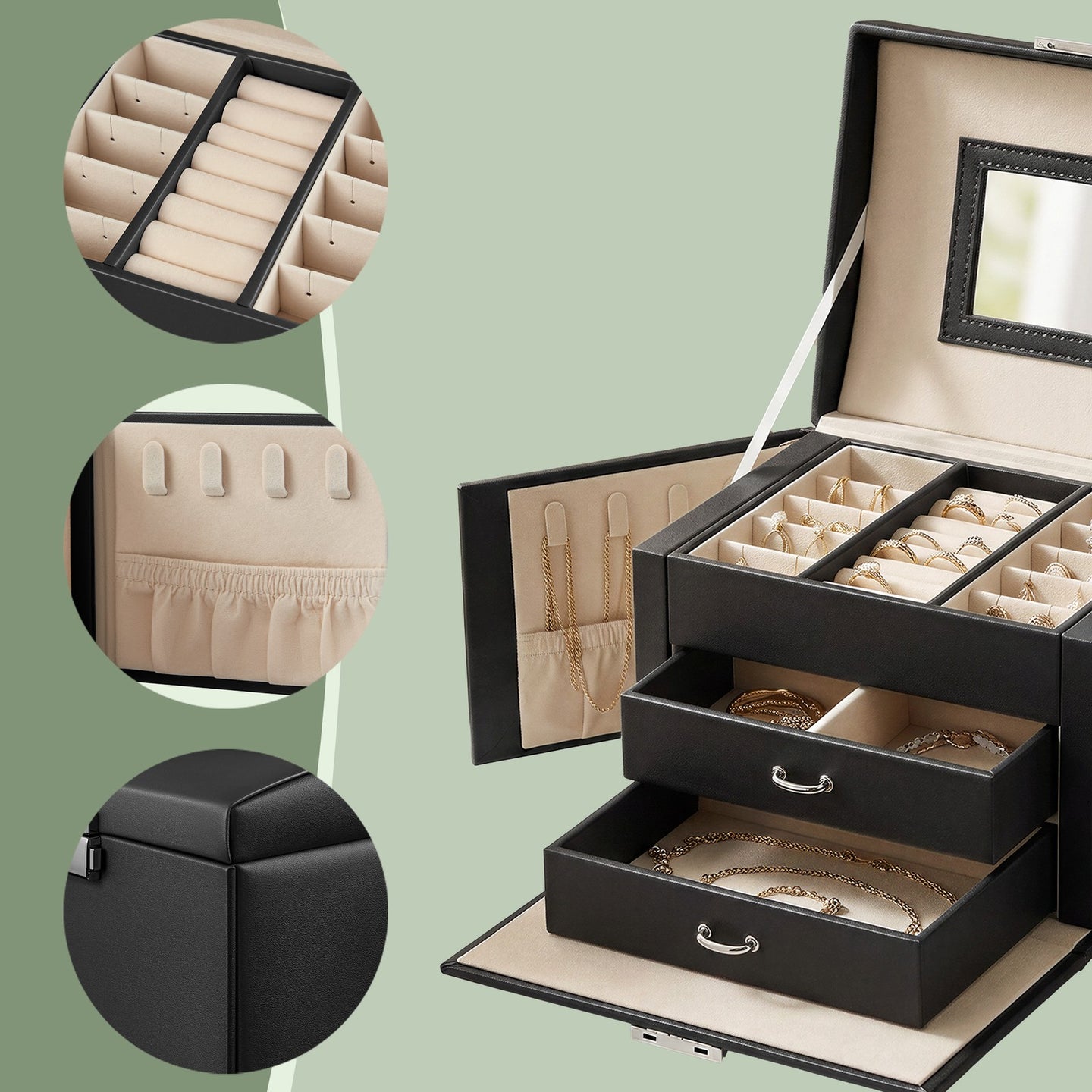 Travel Jewellery Storage Case - MDF and PU - Black - with Mirror