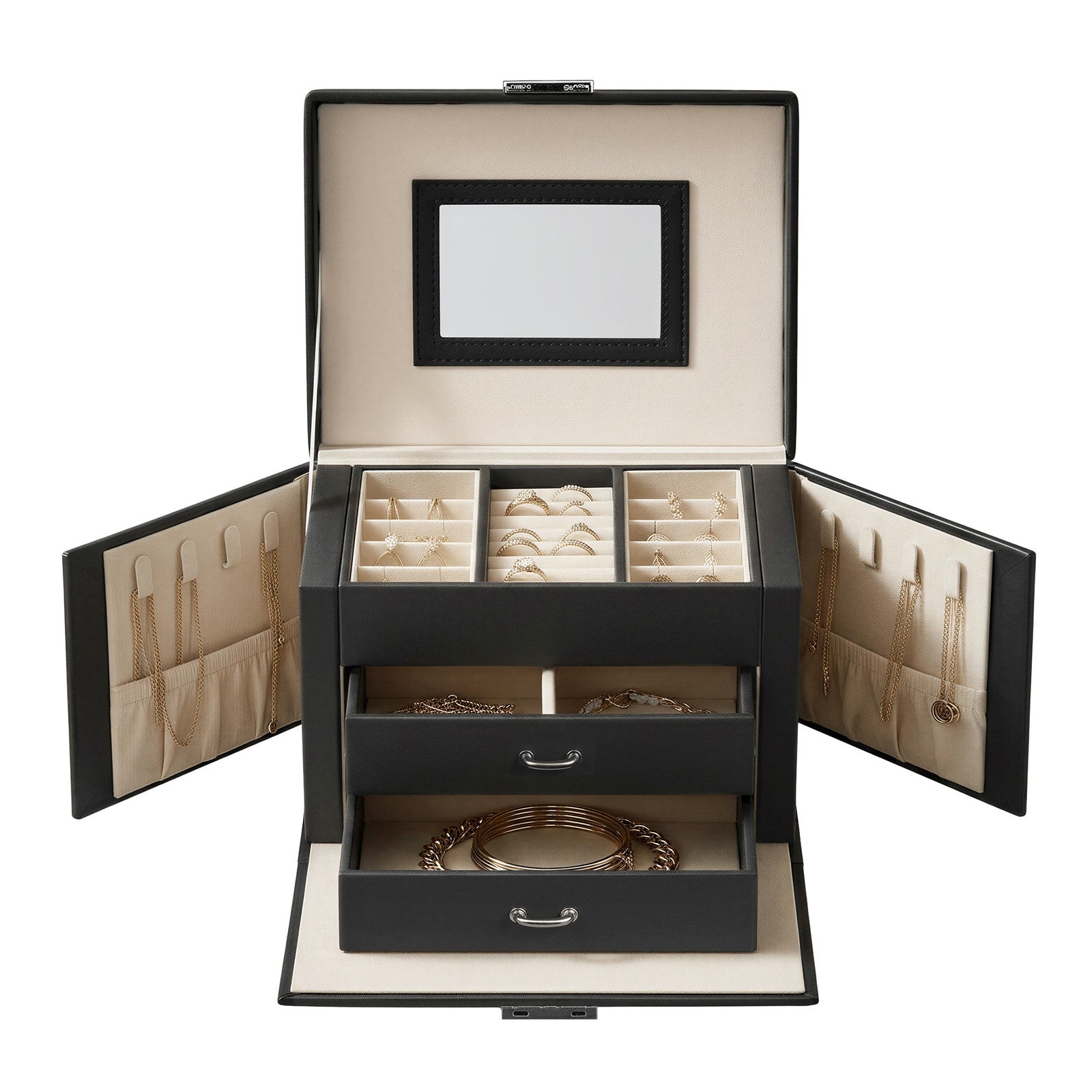 Travel Jewellery Storage Case - MDF and PU - Black - with Mirror