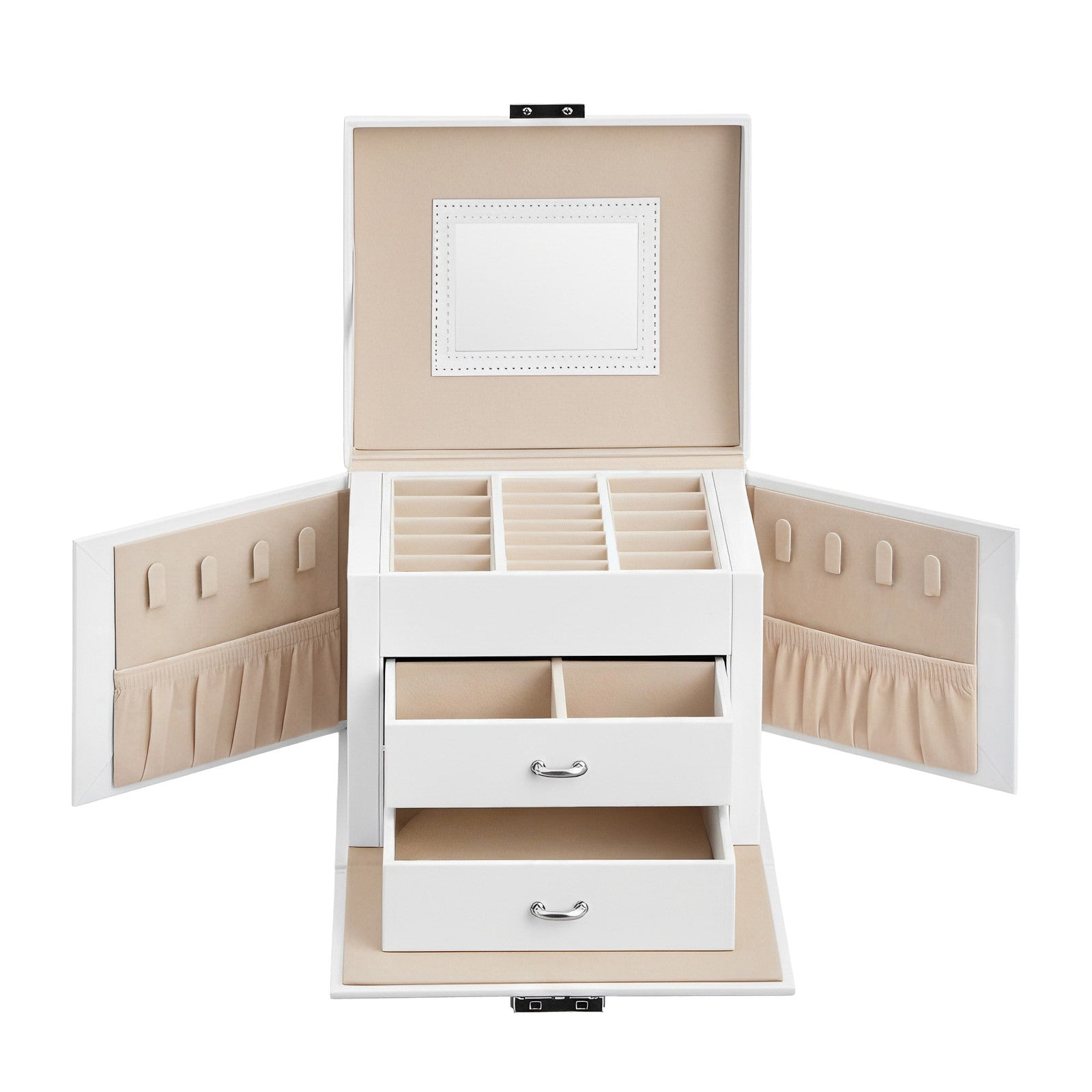 Travel Jewellery Storage Case - MDF and PU - White - with Mirror