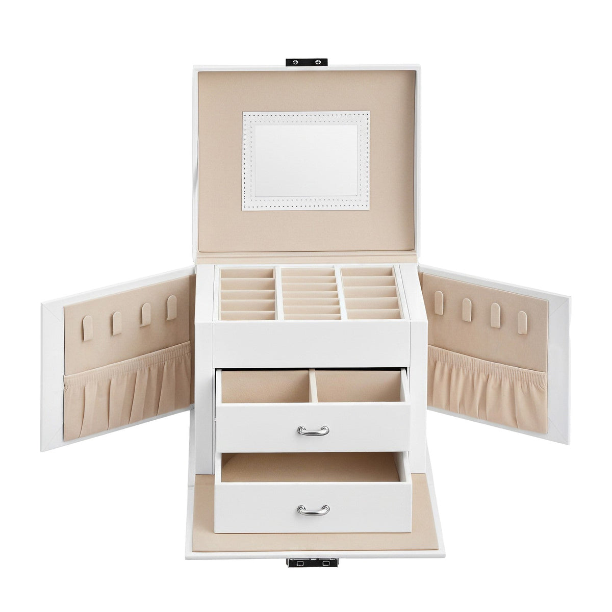 Travel Jewellery Storage Case - MDF and PU - White - with Mirror