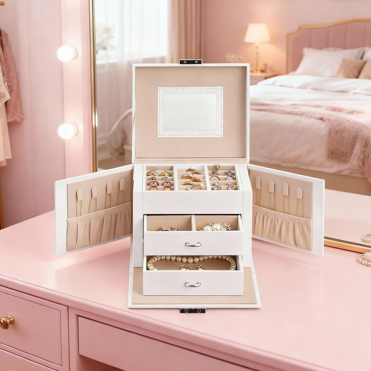 Travel Jewellery Storage Case - MDF and PU - with Mirror