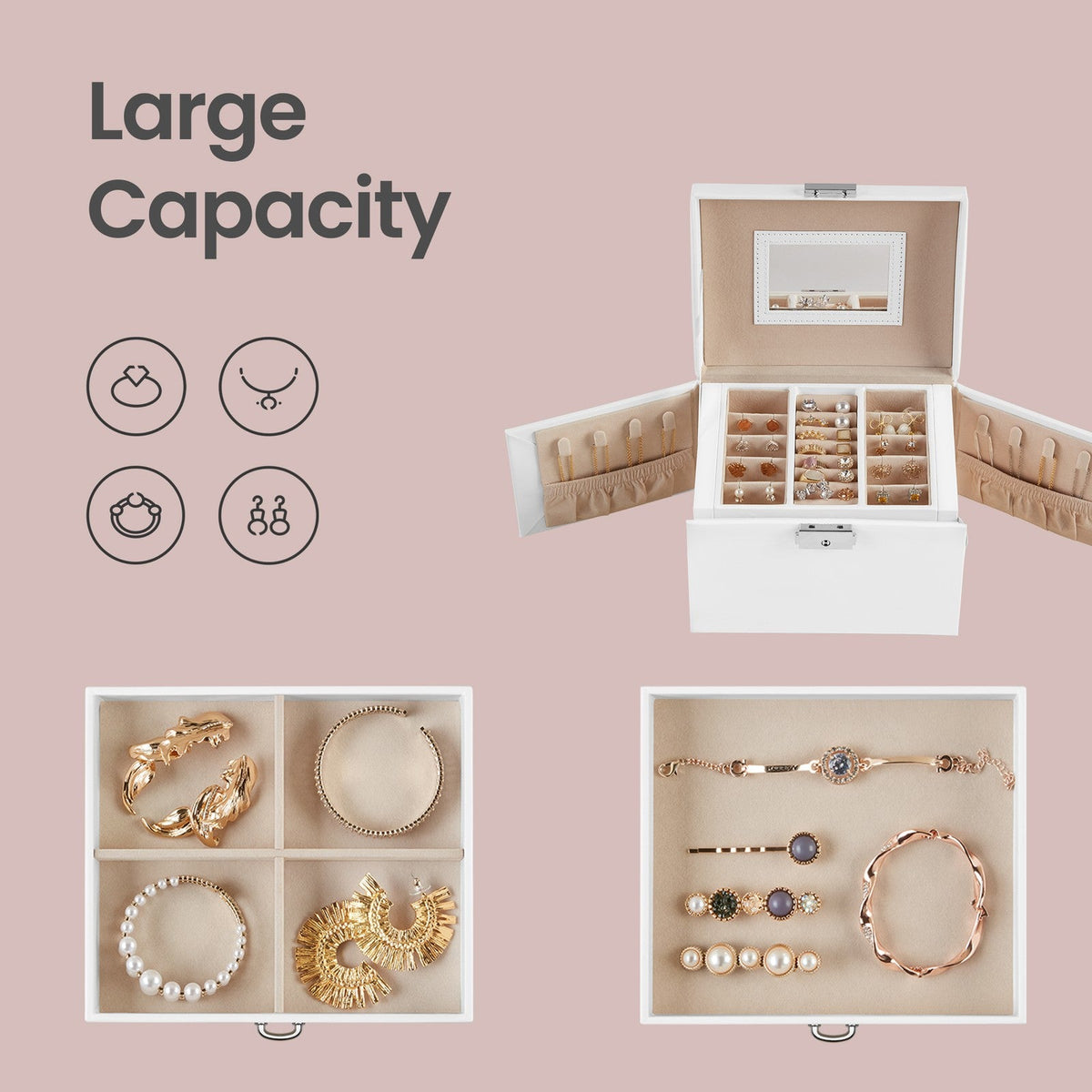 Travel Jewellery Storage Case - MDF and PU - with Mirror