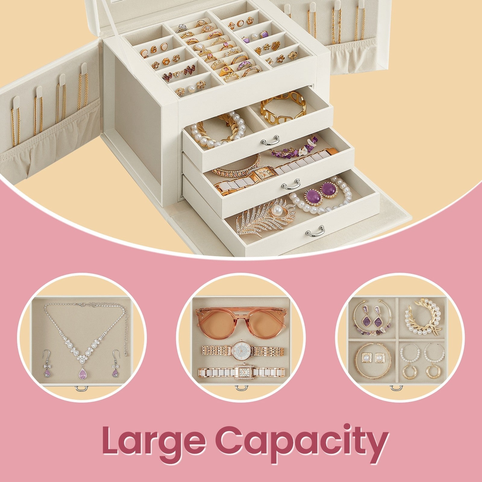 Lockable Travel Jewellery Box - Wood - Grey - 4-Tier Organizer with Mirror and 3 Drawers