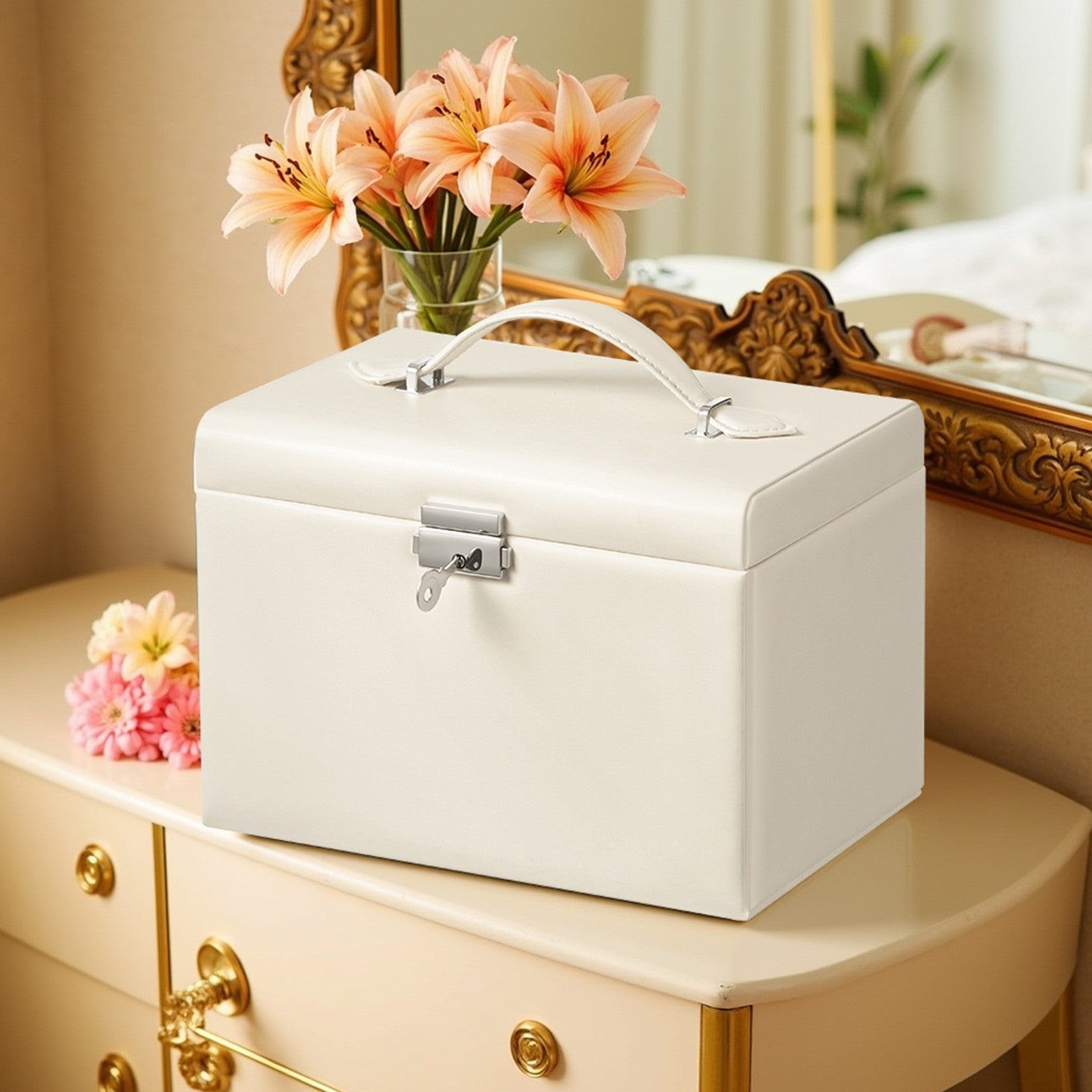 Lockable Travel Jewellery Box - Wood - Grey - 4-Tier Organizer with Mirror and 3 Drawers