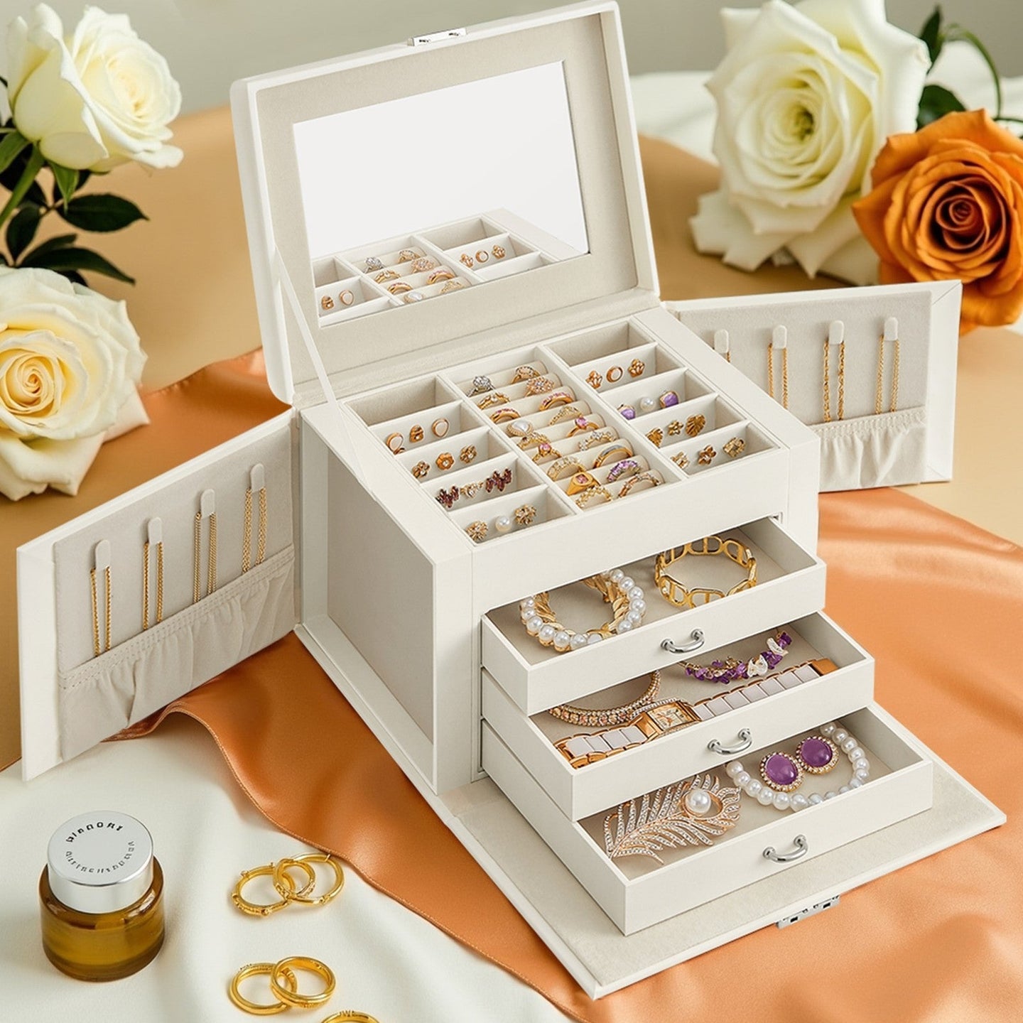 Lockable Travel Jewellery Box - Wood - Grey - 4-Tier Organizer with Mirror and 3 Drawers