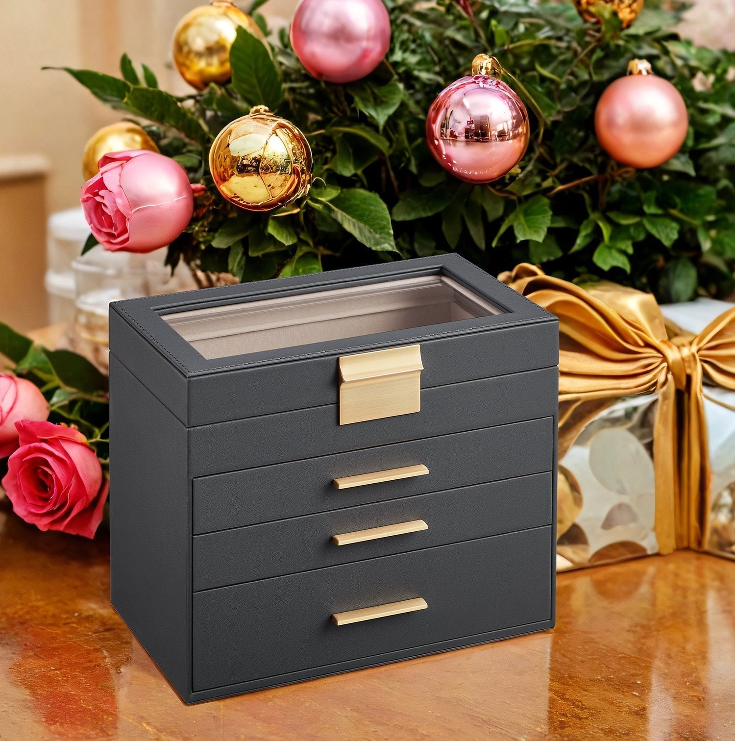 Jewelry Box - Glass - Grey and Gold - 4-Tier Organizer with 3 Drawers