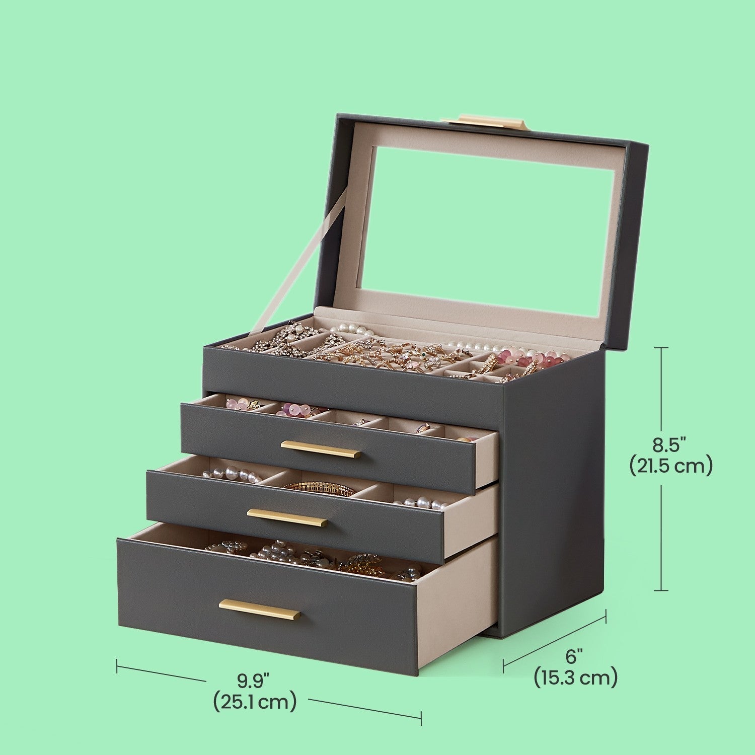 Jewelry Box - Glass - Grey and Gold - 4-Tier Organizer with 3 Drawers