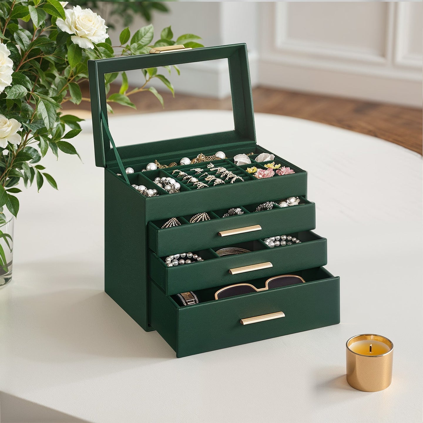 Jewellery Box - Glass - Grey and Gold - 4-Tier Organiser with 3 Drawers