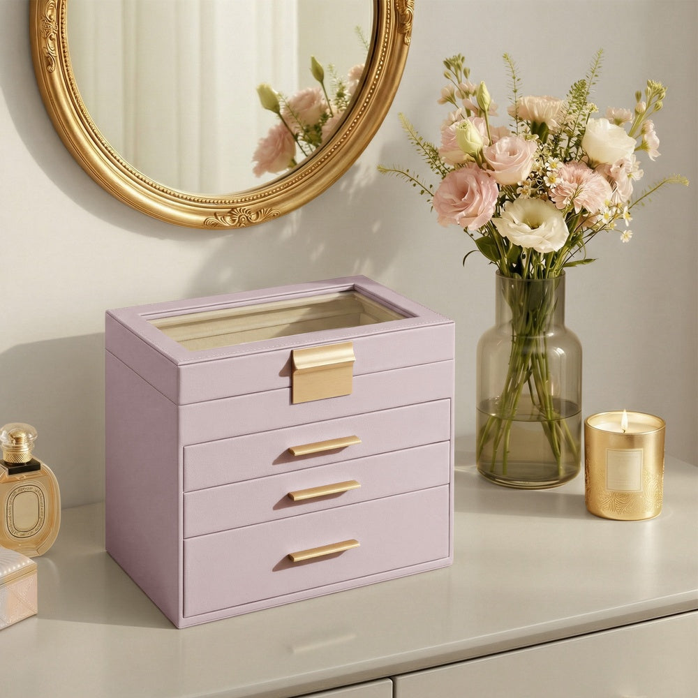 Jewelry Box - MDF and PU - Light Purple - with Glass Lid