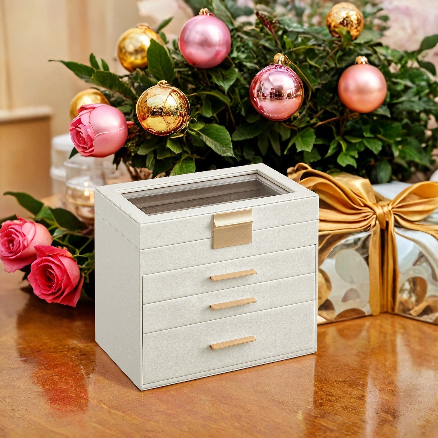 Jewelry Box - Glass - Grey and Gold - 4-Tier Organizer with 3 Drawers