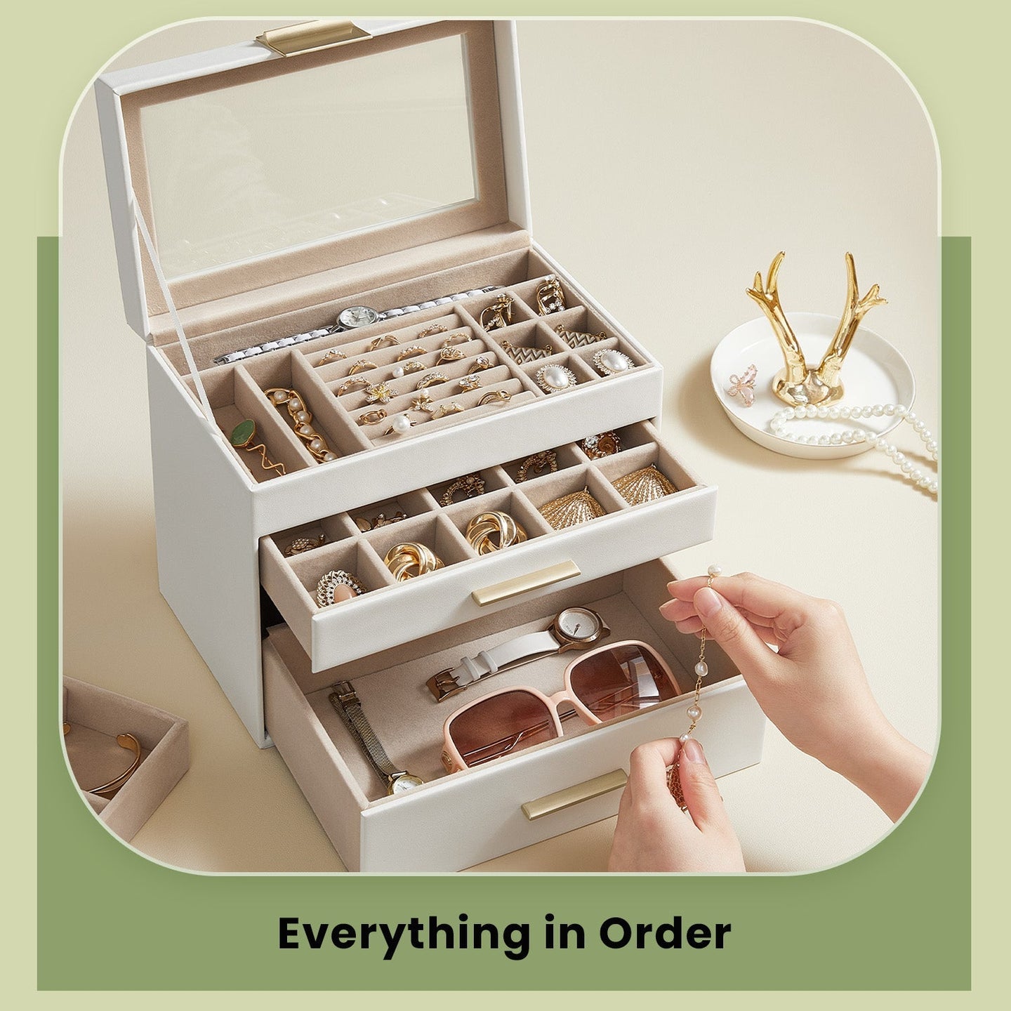 Jewelry Box - Glass - Grey and Gold - 4-Tier Organizer with 3 Drawers