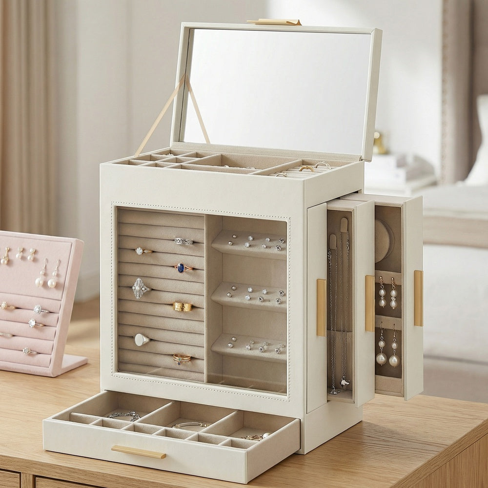 Jewellery Box - MDF and Velvet - White - with Glass Window