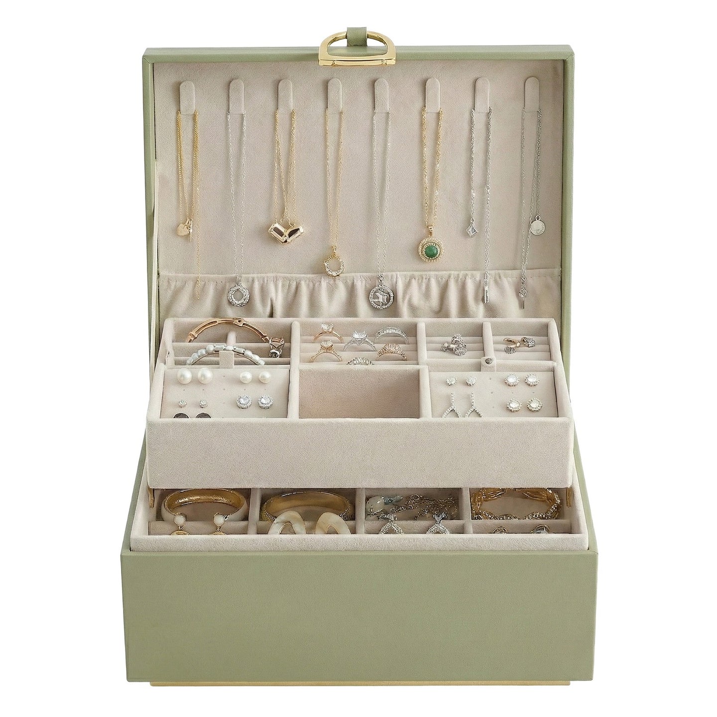 2-Layer Jewelry Box - MDF and Paper - Light Green - with Handle