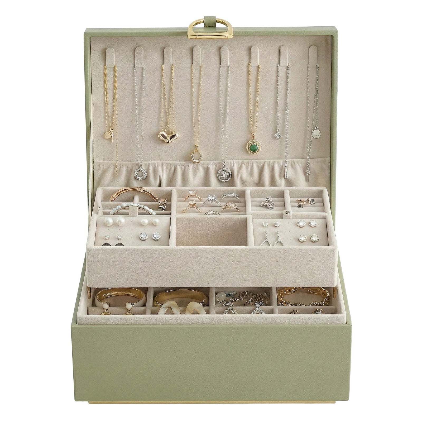 2-Layer Jewelry Box - MDF and Paper - Light Green - with Handle