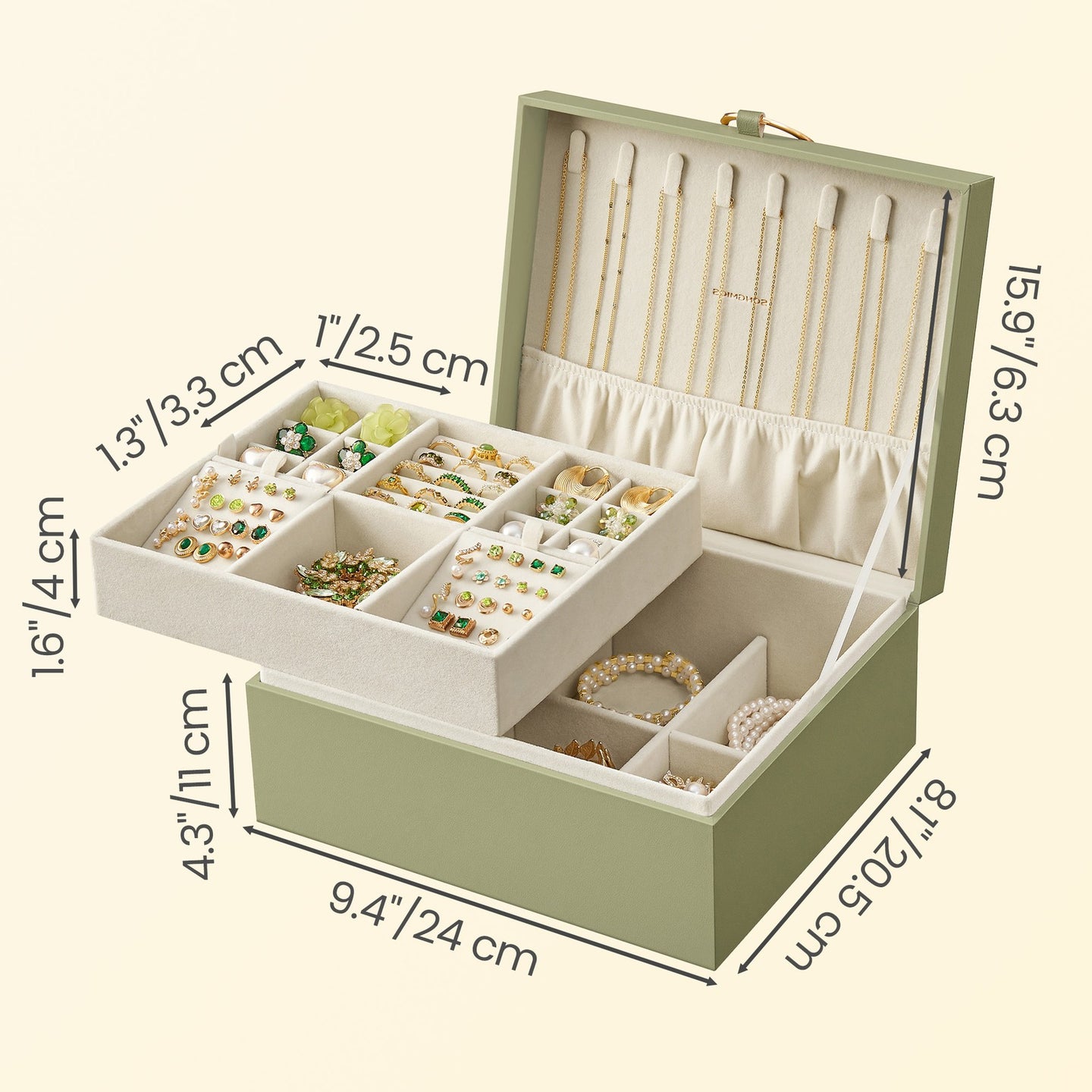 2-Layer Jewelry Box - MDF and Paper - Light Green - with Handle