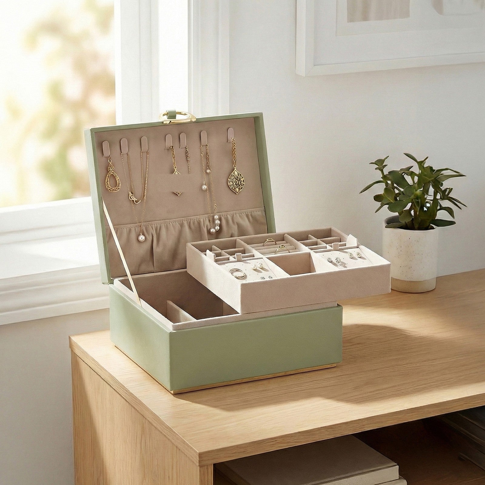 2-Layer Jewelry Box - MDF and Paper - Light Green - with Handle
