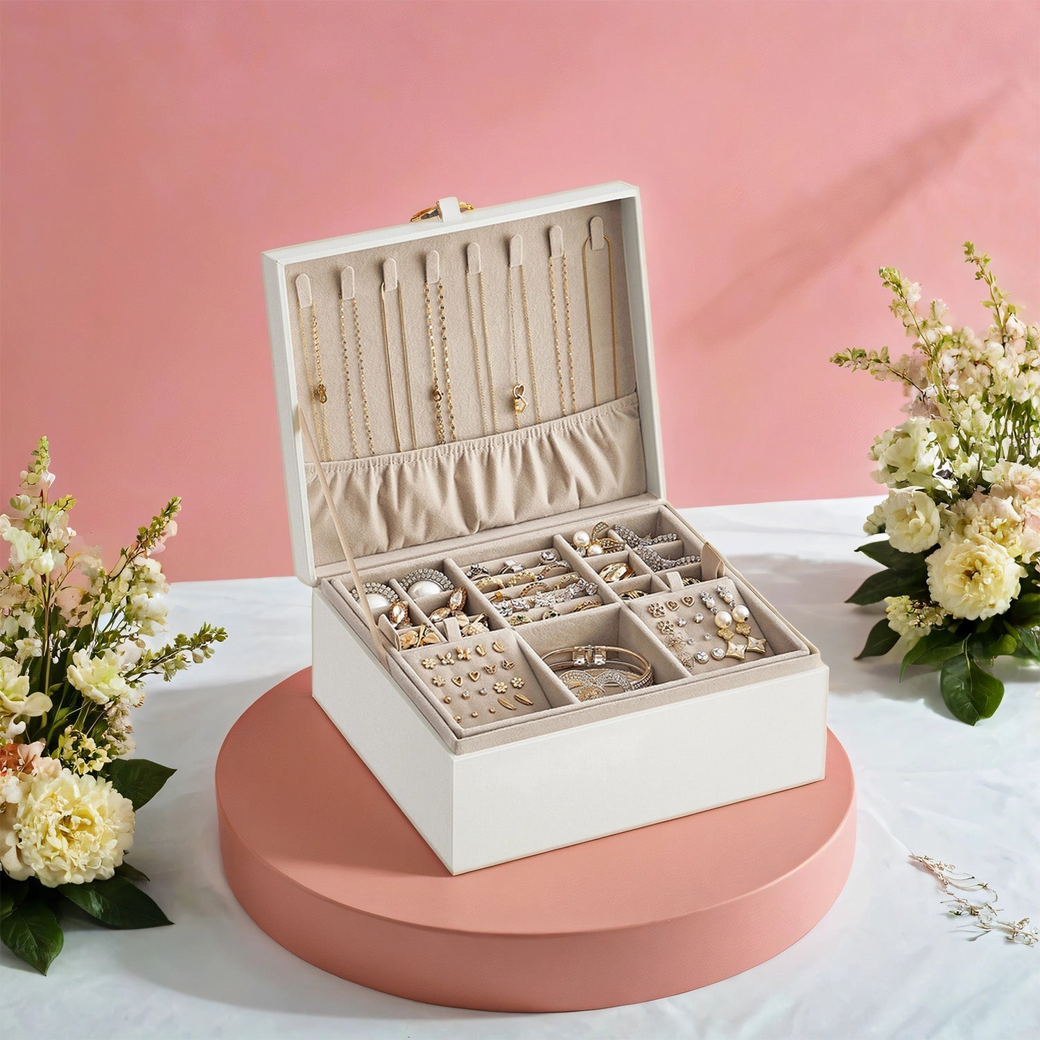 Jewelry Box - Wood - White - 2-Layer with Removable Tray and Handle