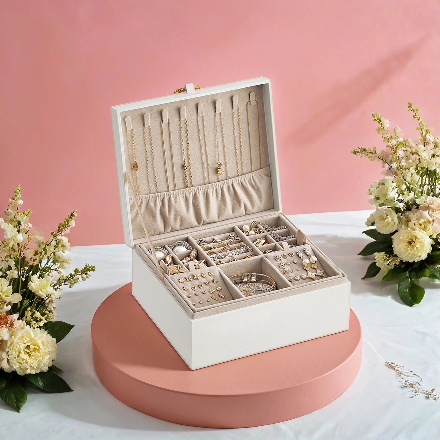Jewelry Box - Wood - White - 2-Layer with Removable Tray and Handle