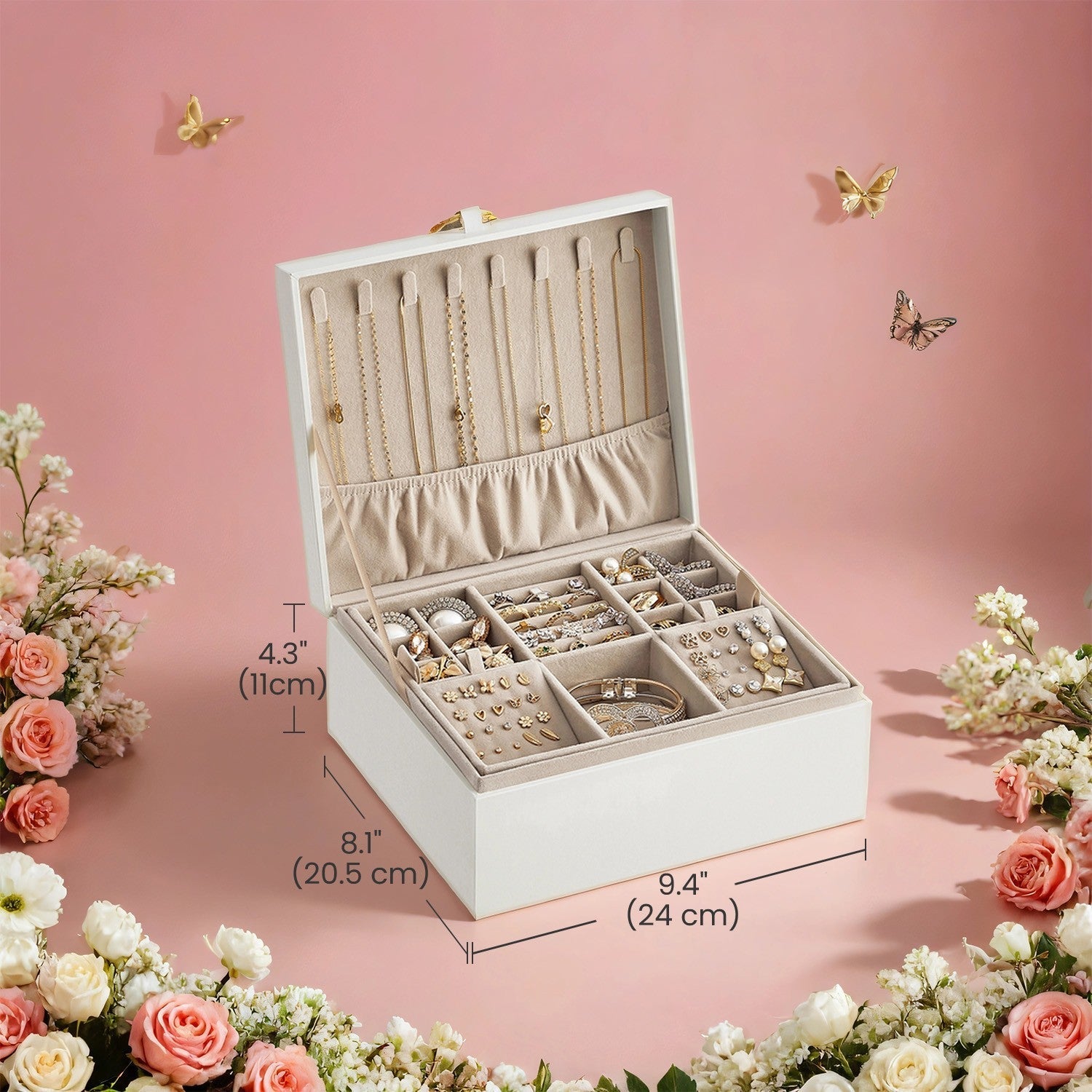 Jewelry Box - Wood - White - 2-Layer with Removable Tray and Handle