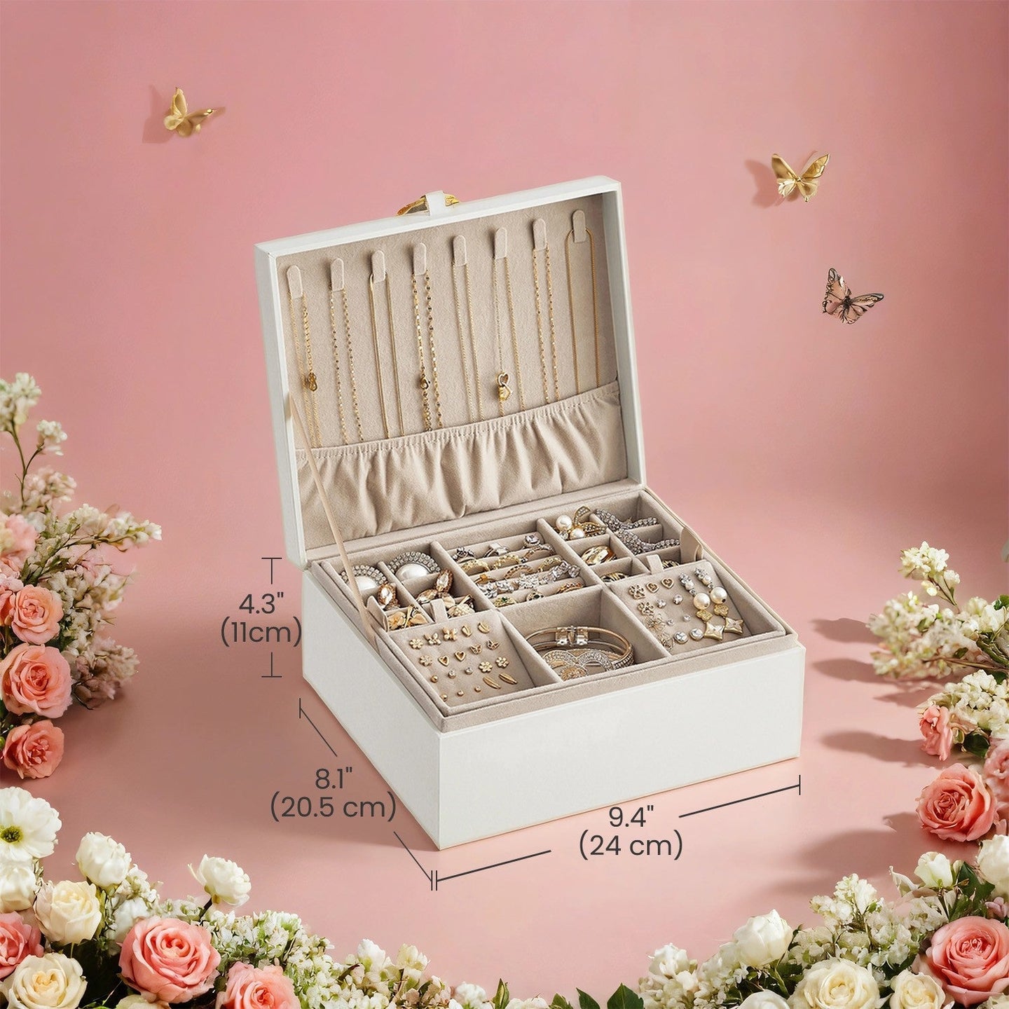 Jewelry Box - Wood - White - 2-Layer with Removable Tray and Handle