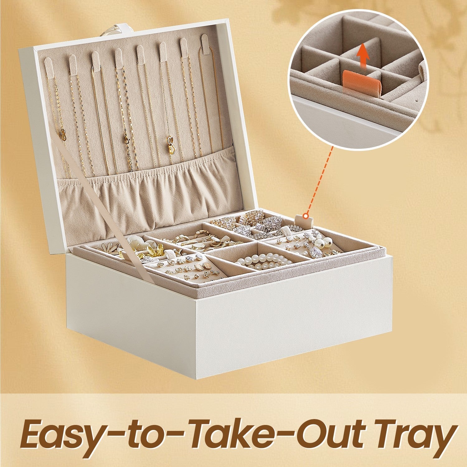 Jewelry Box - Wood - White - 2-Layer with Removable Tray and Handle