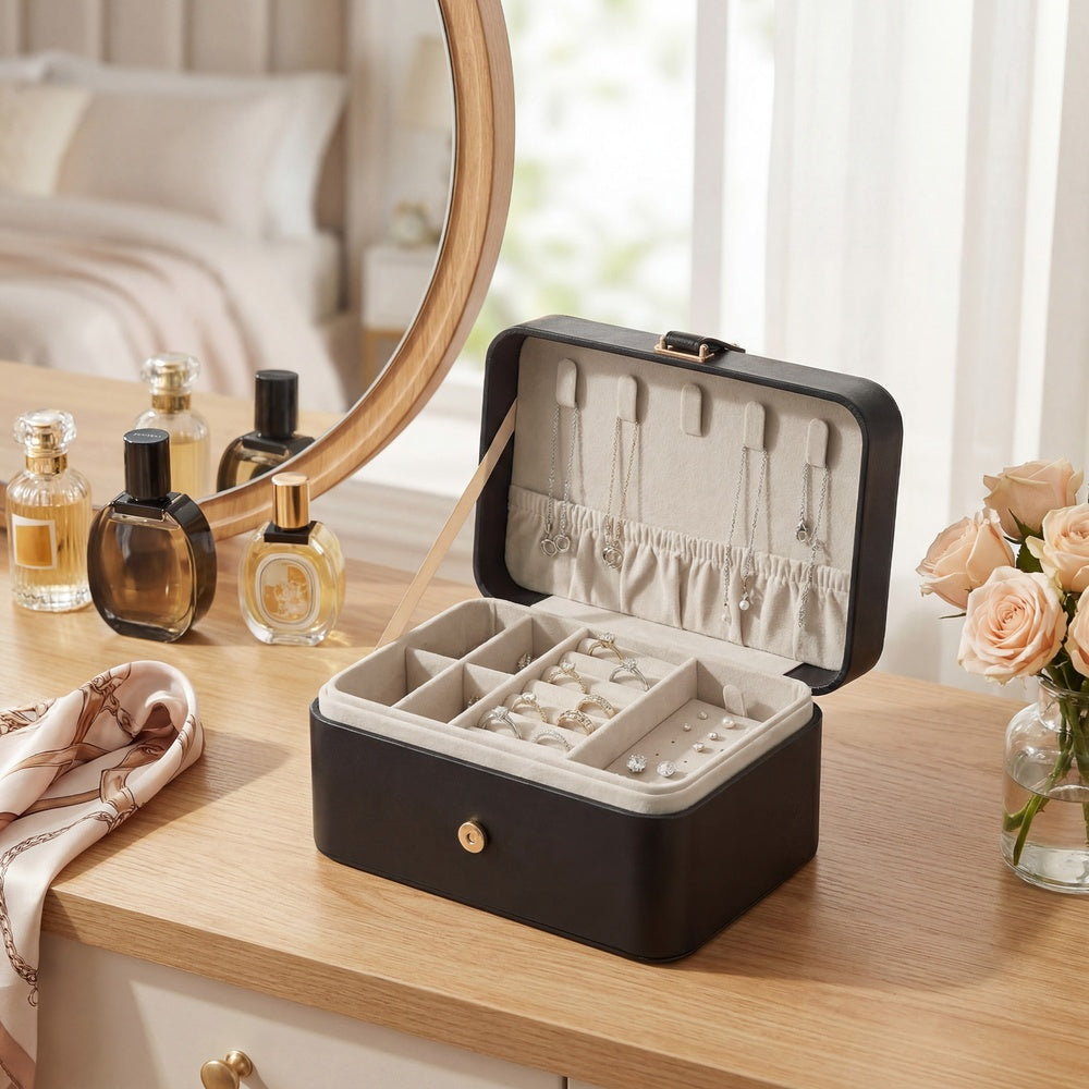 Portable Jewelry Box - 0.9L - Velvet Lining - Necklace Hooks