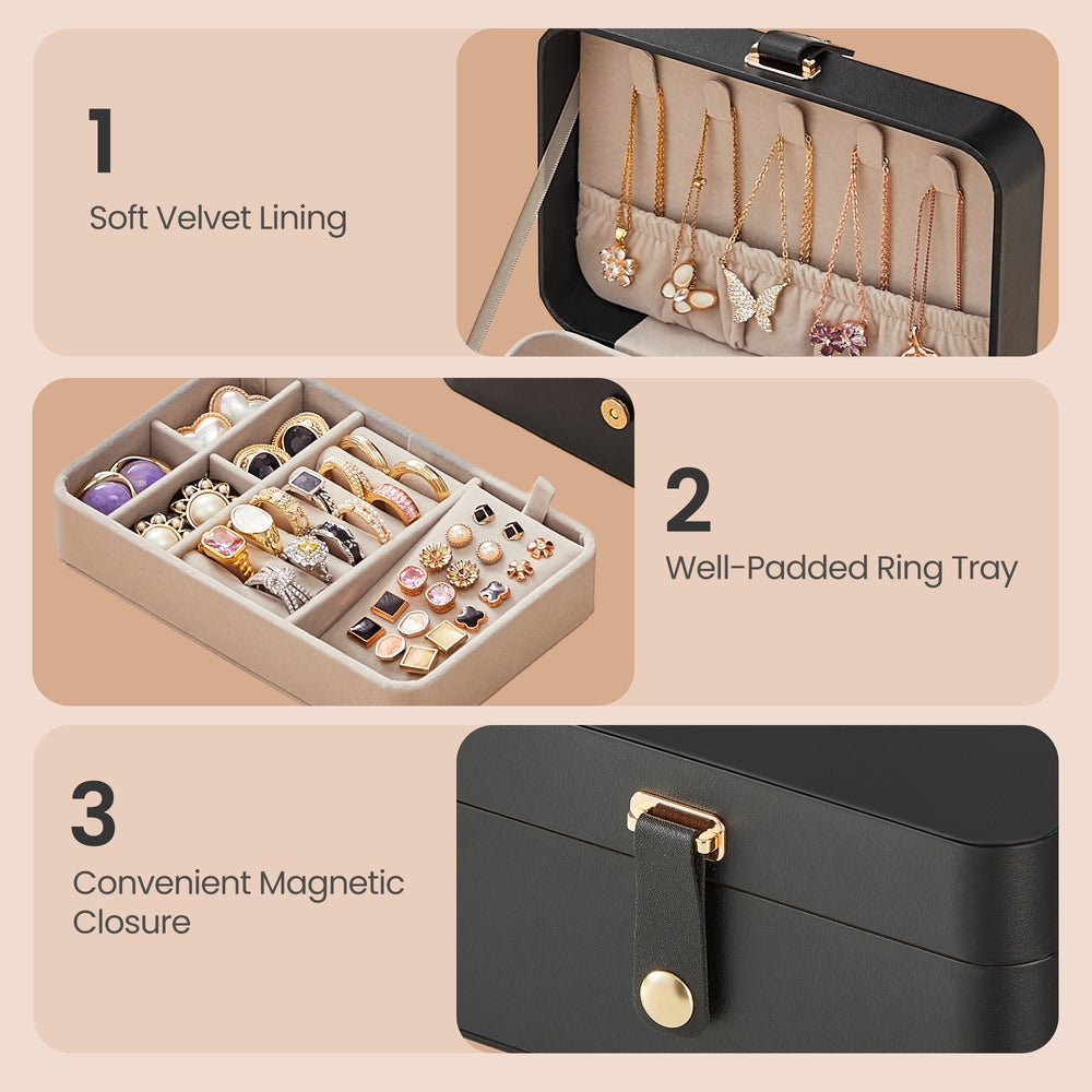 Portable Jewelry Box - 0.9L - Velvet Lining - Necklace Hooks