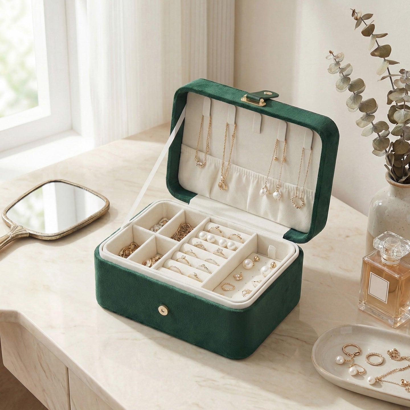 Portable Jewelry Box - 4.3D x 6.3W x 3.1H - Velvet Lining - Necklace Hooks