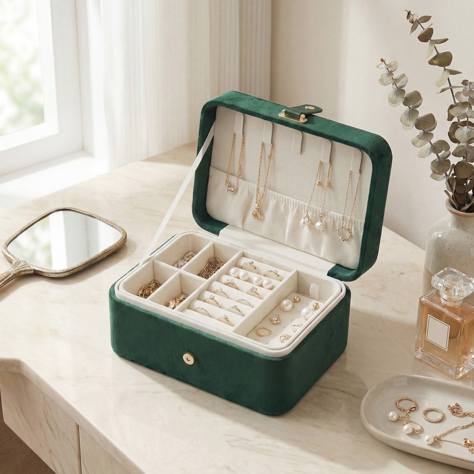 Portable Jewelry Box - 4.3D x 6.3W x 3.1H - Velvet Lining - Necklace Hooks