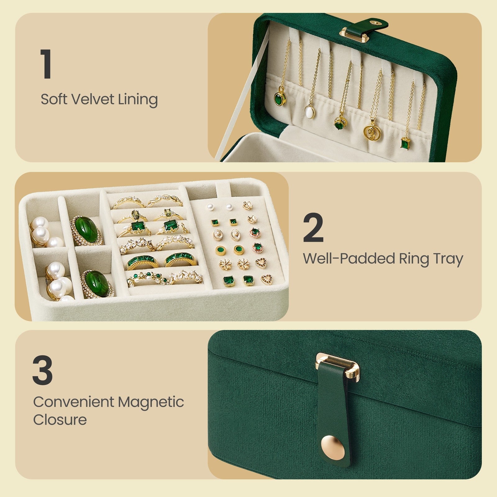 Portable Jewelry Box - 4.3D x 6.3W x 3.1H - Velvet Lining - Necklace Hooks