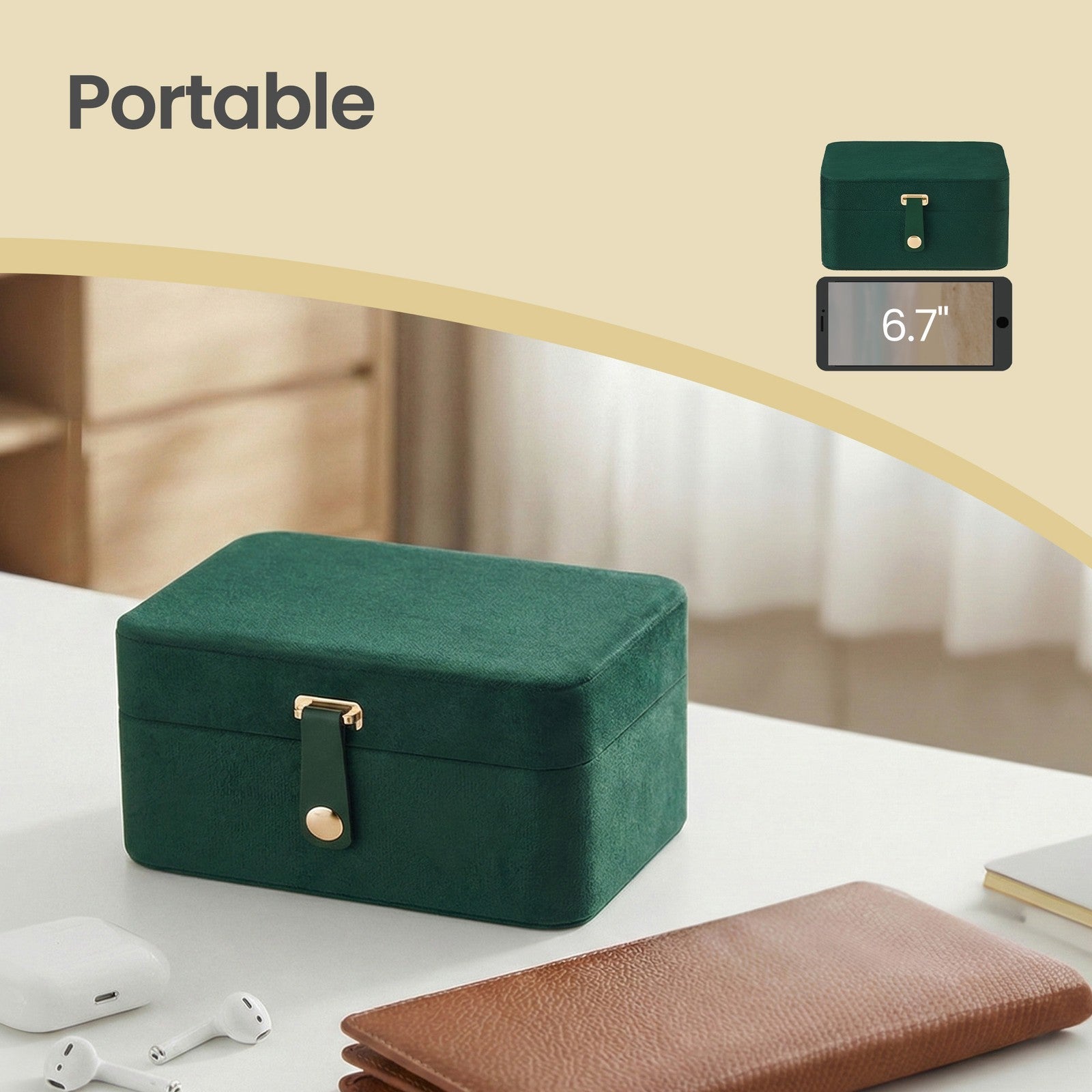Portable Jewelry Box - 4.3D x 6.3W x 3.1H - Velvet Lining - Necklace Hooks