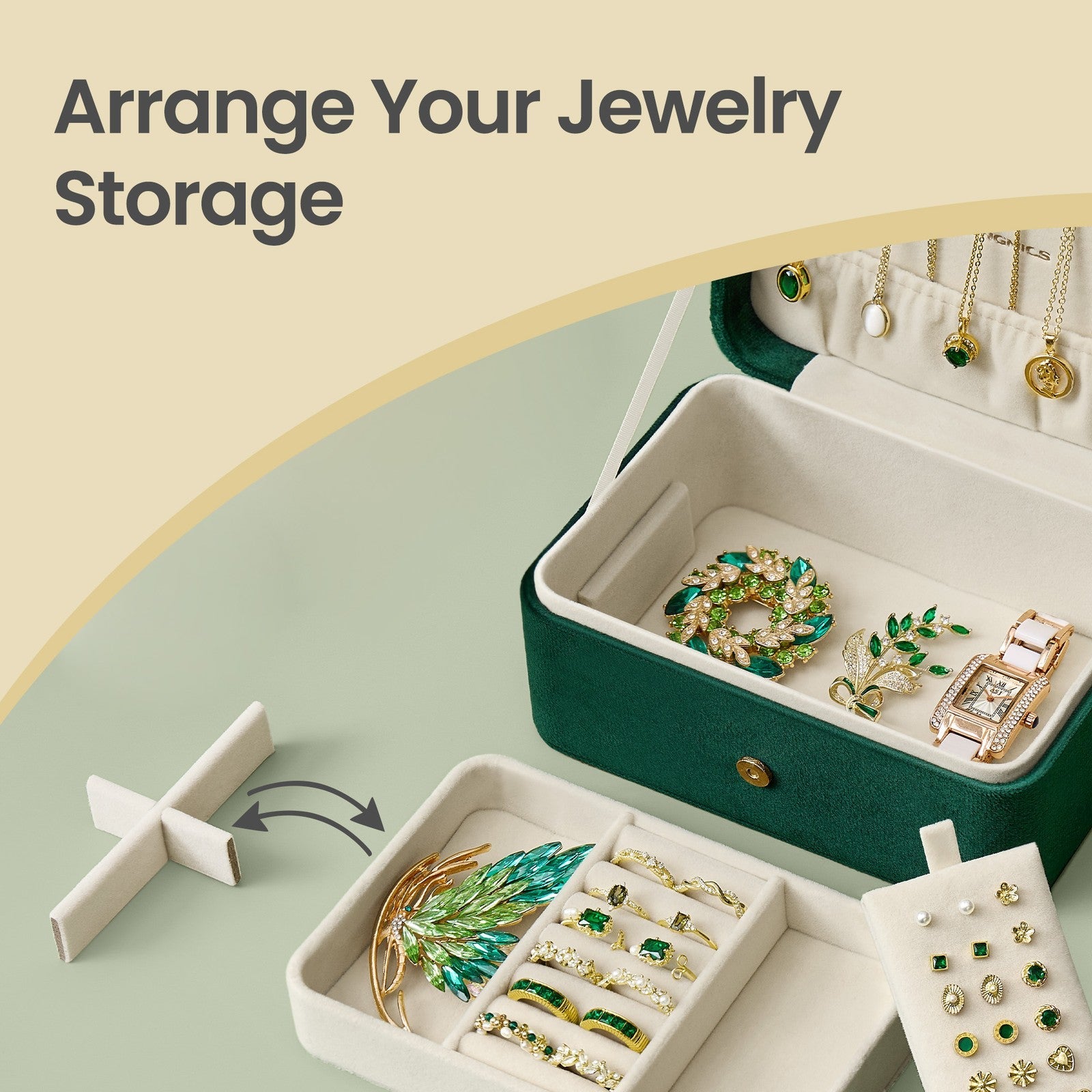 Portable Jewelry Box - 4.3D x 6.3W x 3.1H - Velvet Lining - Necklace Hooks