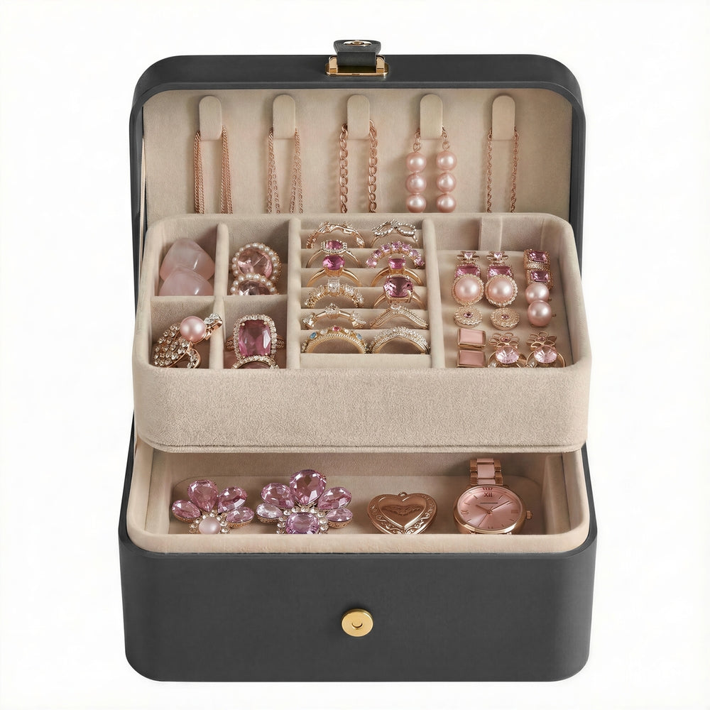 Portable Jewelry Box - 4.3D x 6.3W x 3.1H - Plastic - 2-Layer Storage
