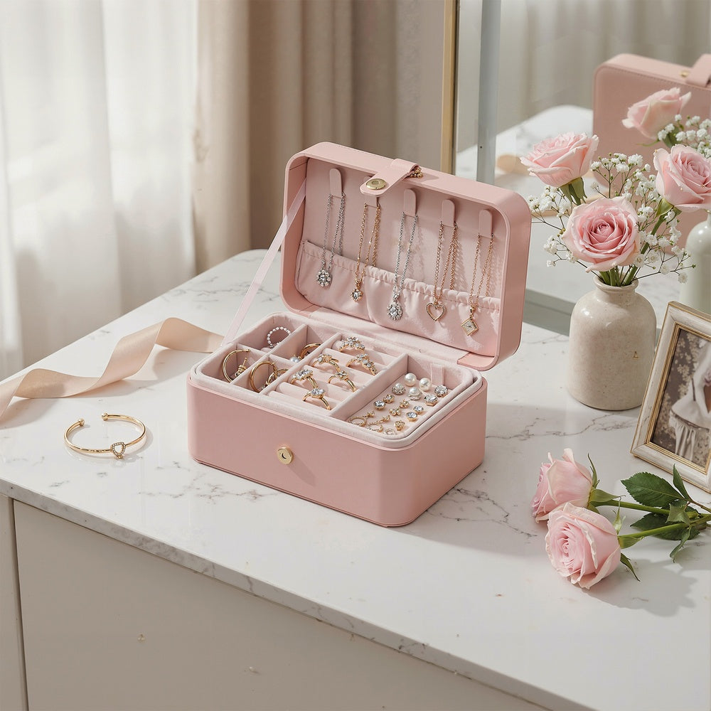 Portable Jewelry Box - 4.3L - Velvet - 2-Layer Storage