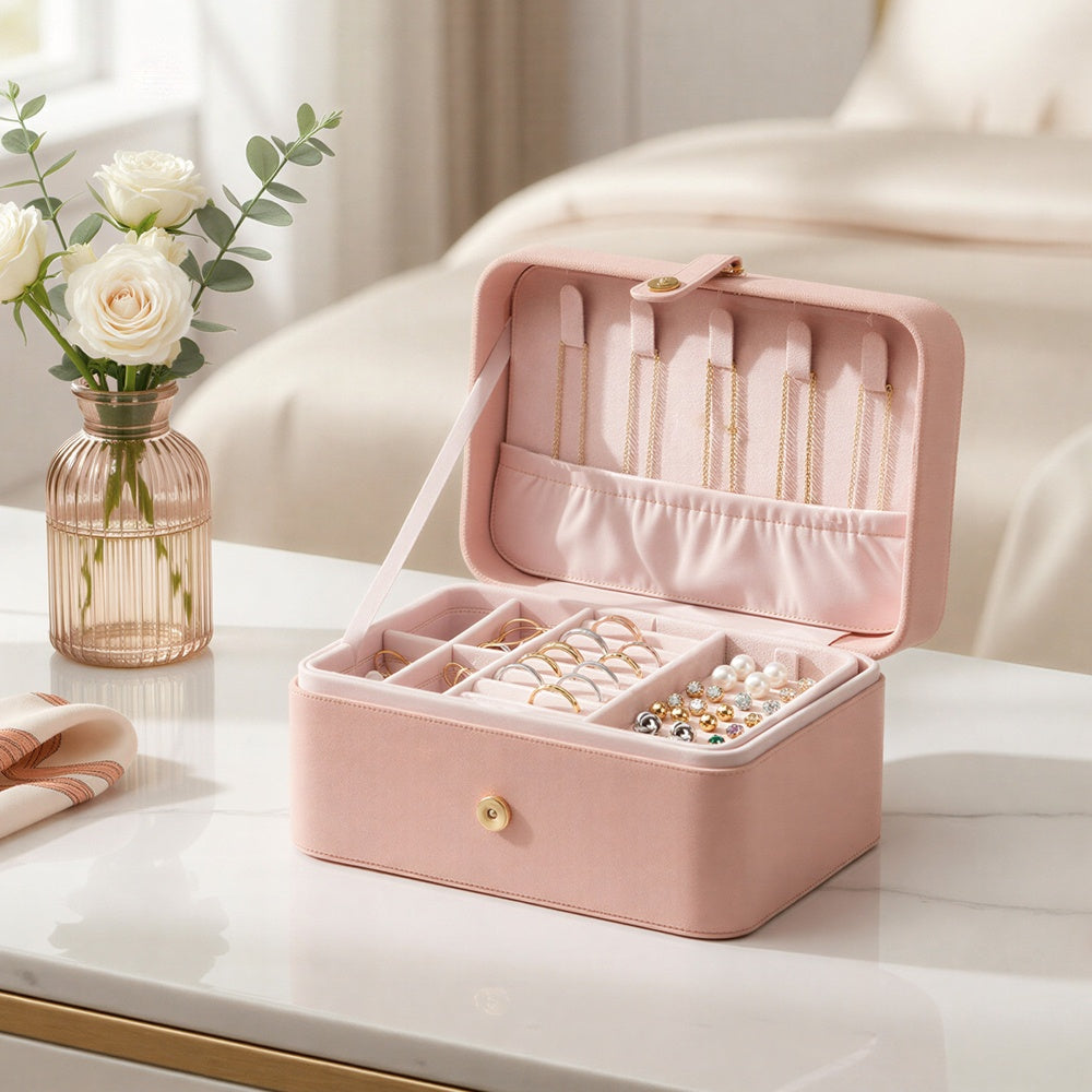 Portable Jewelry Box - 4.3L - Velvet - 2-Layer Storage
