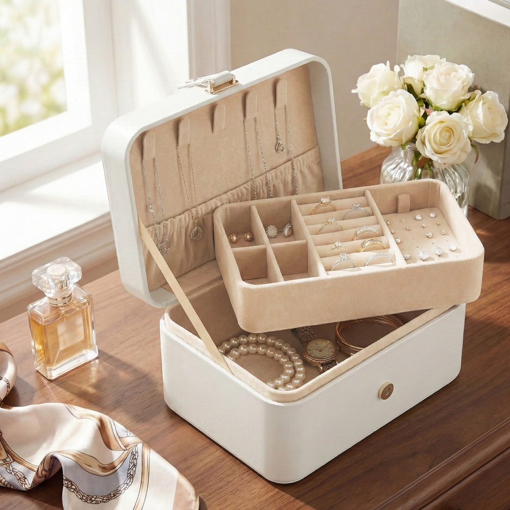 Portable Jewelry Box - 2 Layer - Velvet Lined - Necklace Hooks