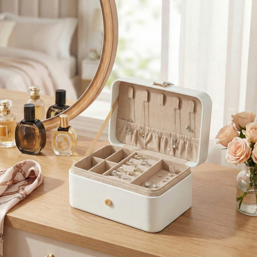 Portable Jewelry Box - 2 Layer - Velvet Lined - Necklace Hooks