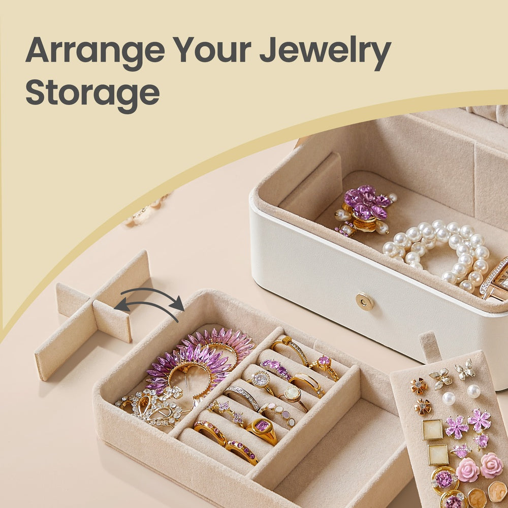 Portable Jewelry Box - 2 Layer - Velvet Lined - Necklace Hooks